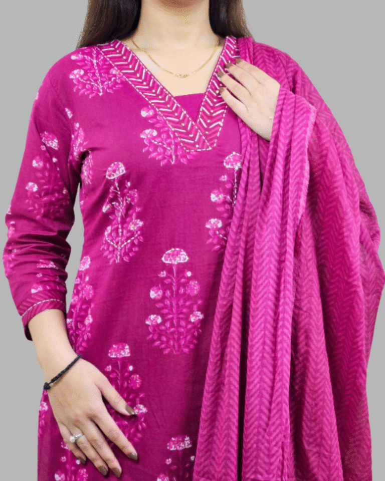 Magenta Floral Print 3 Pcs Kurti Set