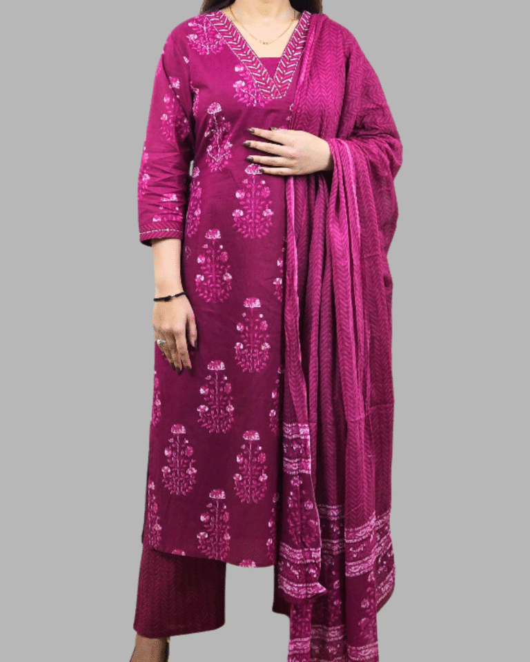 Magenta Floral Print 3 Pcs Kurti Set