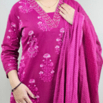 Blue Floral Print V Neck 3 Pcs Kurti Set