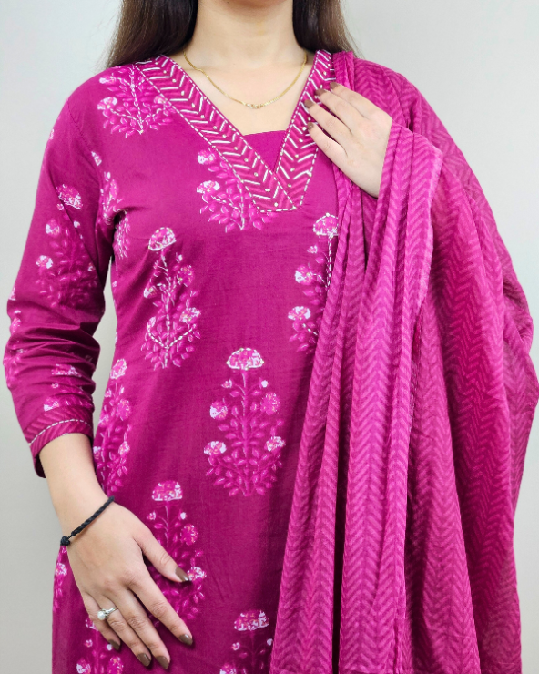 Blue Floral Print V Neck 3 Pcs Kurti Set