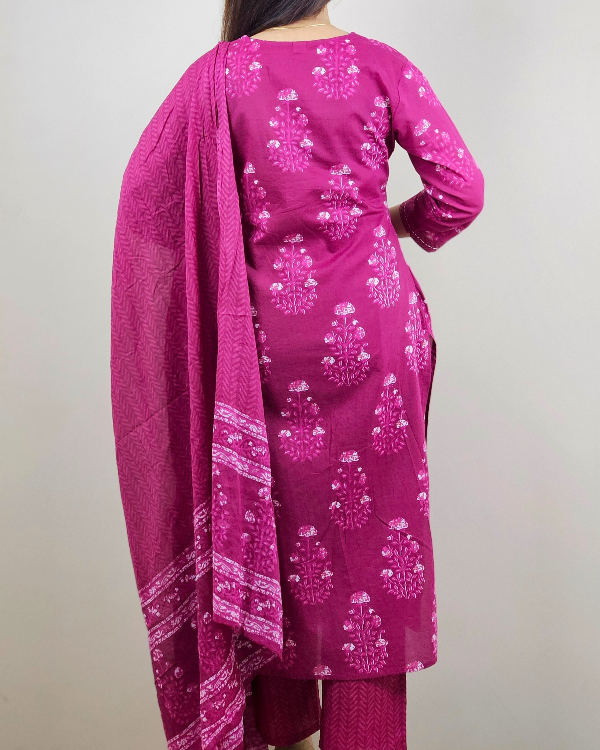 Blue Floral Print V Neck 3 Pcs Kurti Set