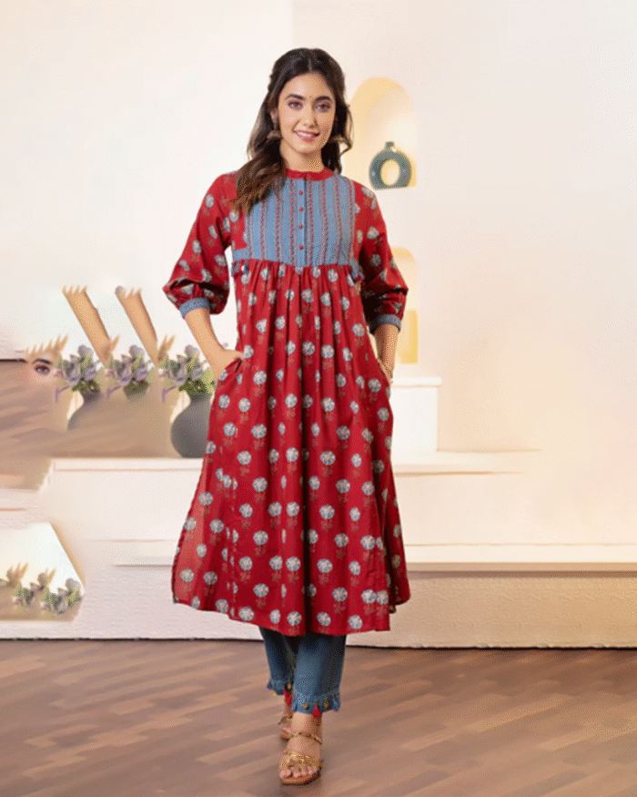 Maroon Floral 2 Pcs A-Line Kurta Set