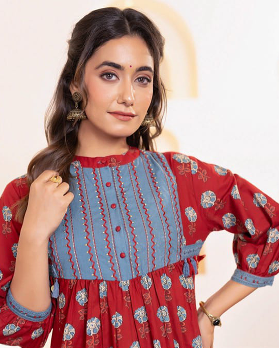 Maroon Floral 2 Pcs A-Line Kurta Set