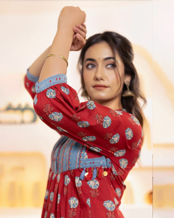 Maroon Floral 2 Pcs A-Line Kurta Set