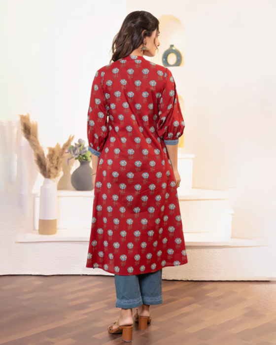 Maroon Floral 2 Pcs A-Line Kurta Set