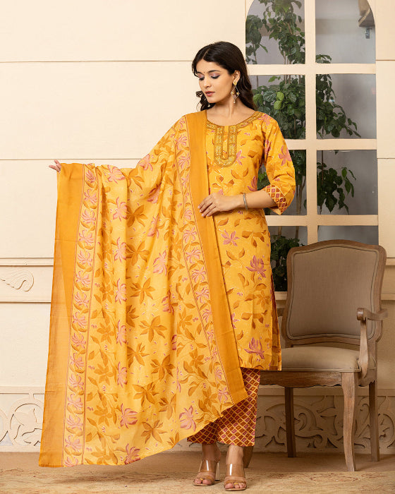 Mustard_Yellow_Floral_Print_3_Pcs_Suit Mustard Yellow Floral Print 3 Pcs Suit