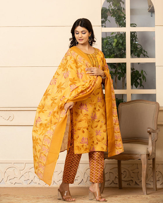 Mustard Yellow Floral Print 3 Pcs Suit