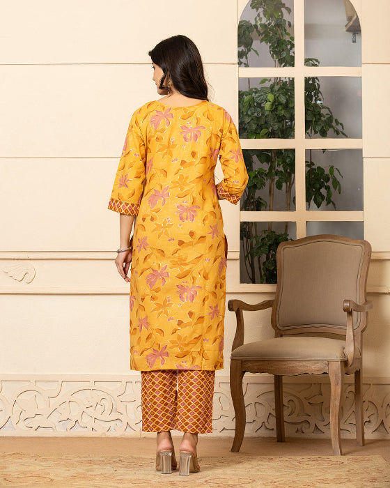 Mustard Yellow Floral Print 3 Pcs Suit