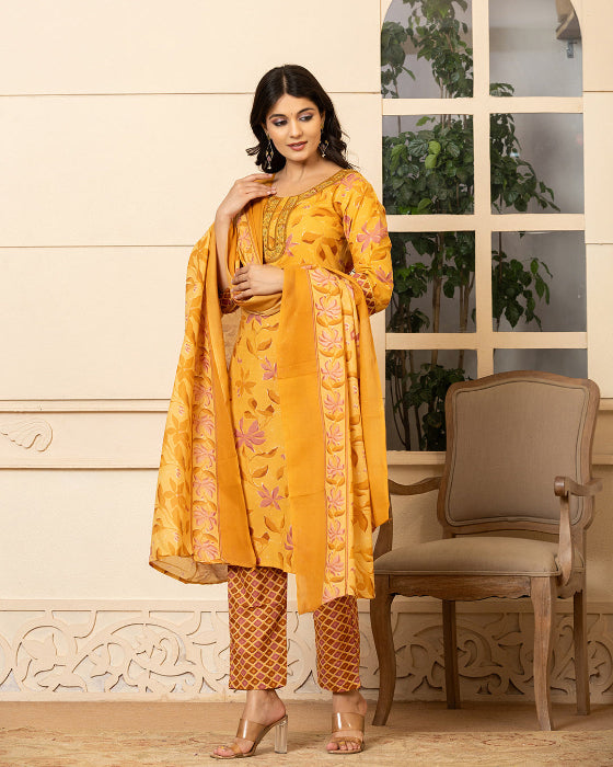 Mustard Yellow Floral Print 3 Pcs Suit