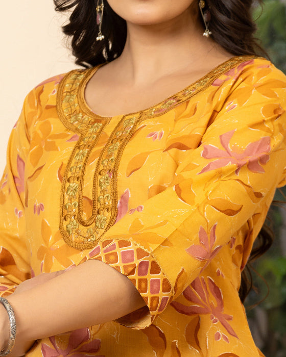 Mustard Yellow Floral Print 3 Pcs Suit