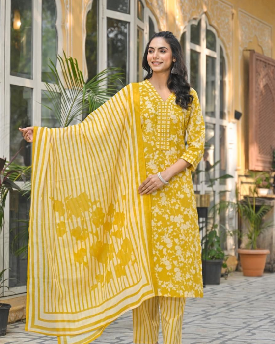 Mustard Yellow V Neck 3 Pcs Suit