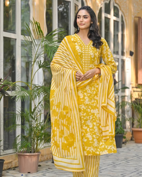 Mustard Yellow V Neck 3 Pcs Suit