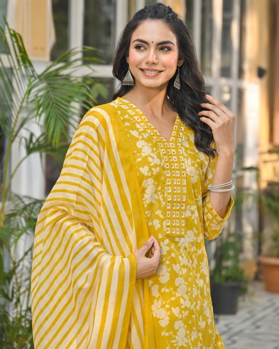 Mustard Yellow V Neck 3 Pcs Suit