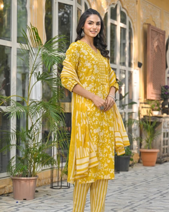 Mustard Yellow V Neck 3 Pcs Suit