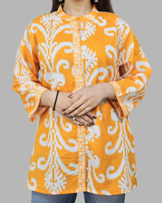 Orange Floral Ikkat Print Kurti