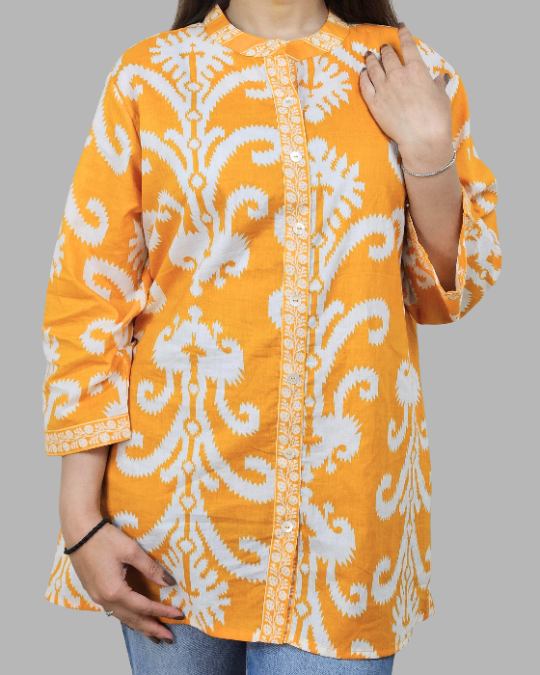 Orange Floral Ikkat Print Kurti