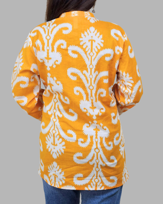 Orange Floral Ikkat Print Kurti