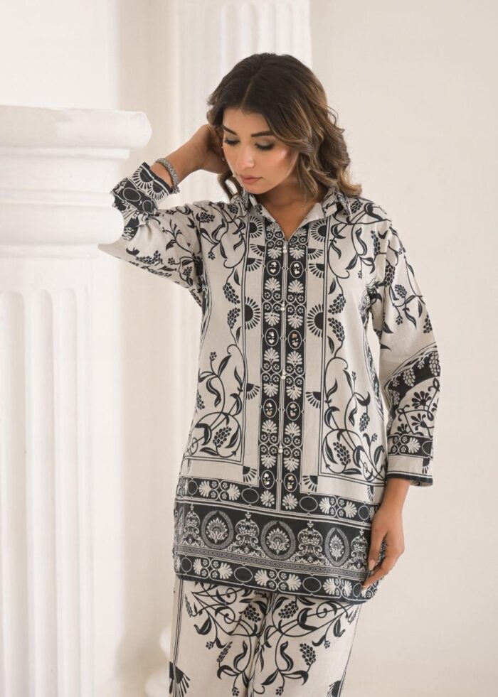 floral print black and white co-ord set for women