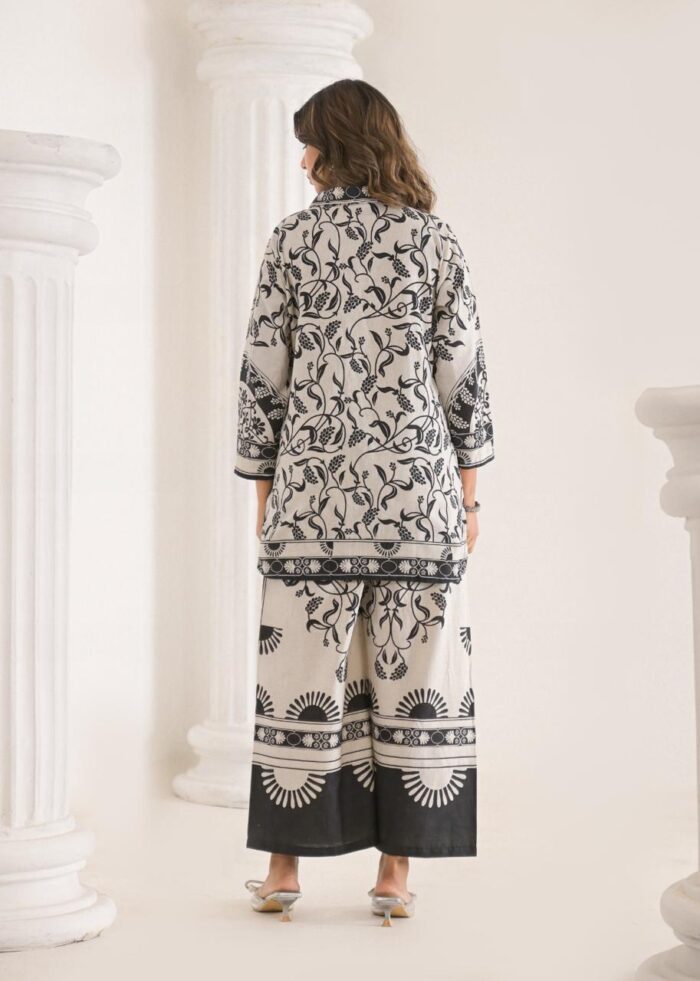 floral print black and white co-ord set for women
