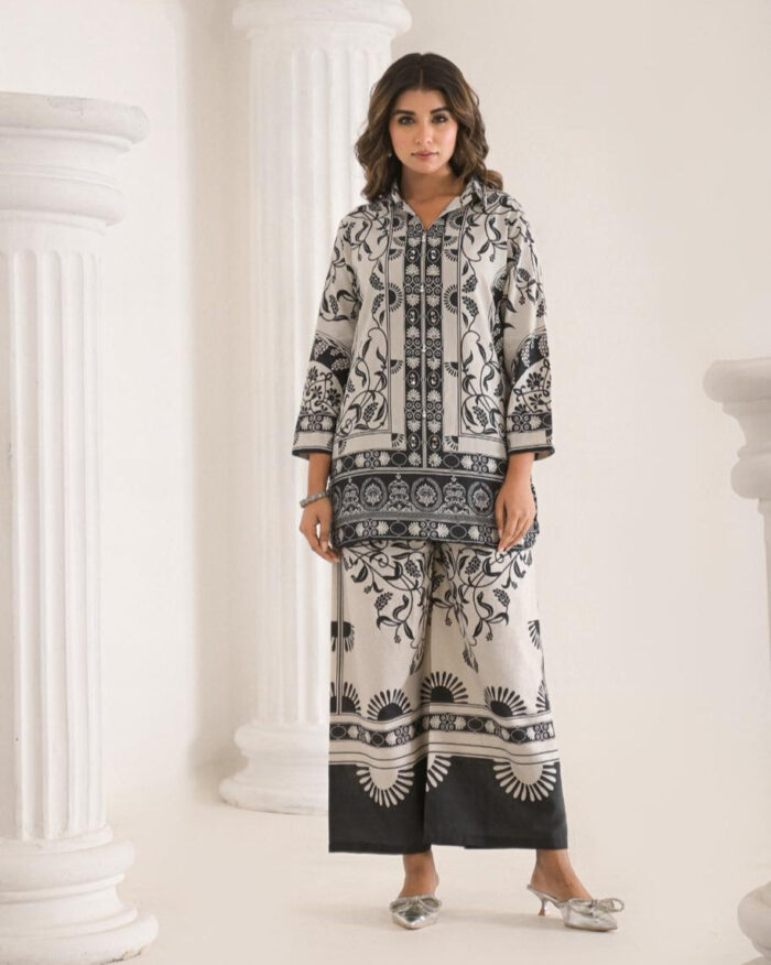 floral print black and white co-ord set for women