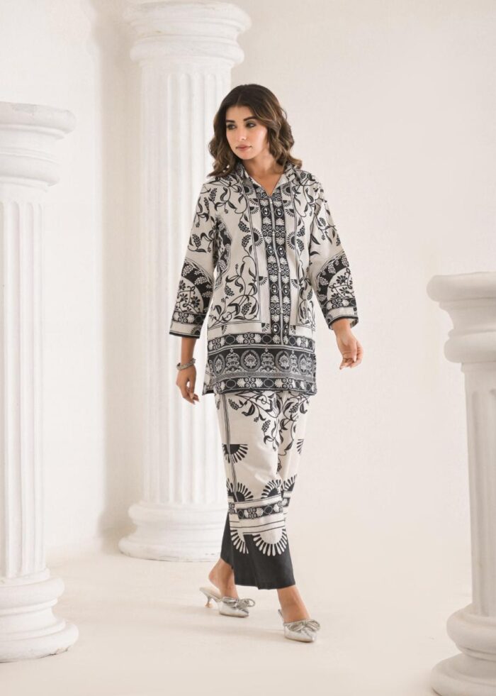floral print black and white co-ord set for women