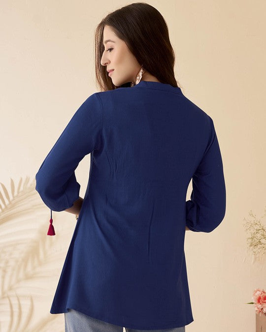 Navy blue Mandarin Collar Tunic Top