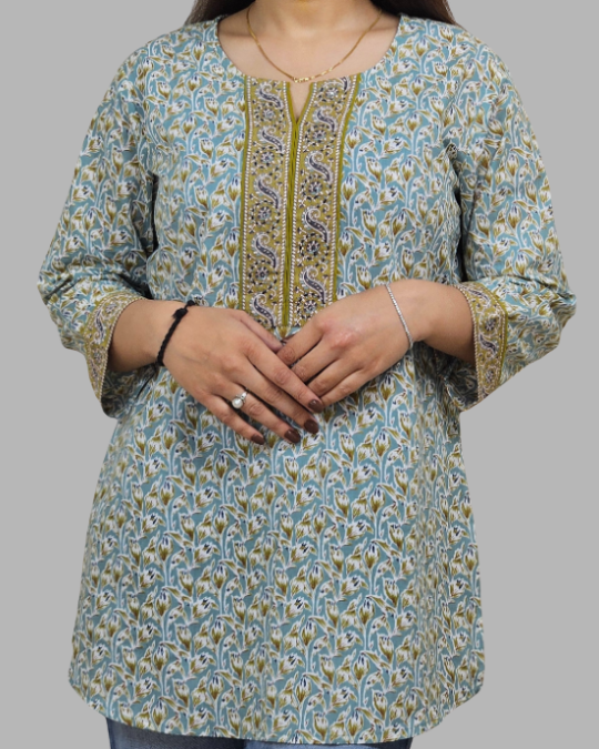 Pale Green Katha Handwork Kurti for women