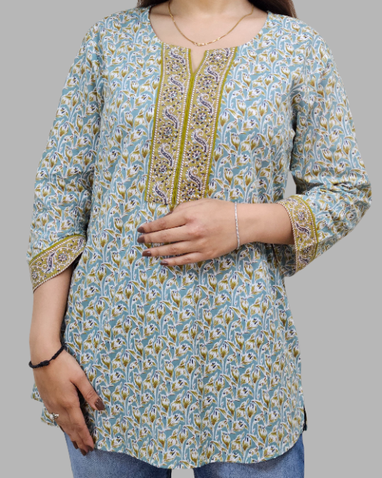 Pale Green Katha Handwork Kurti for women