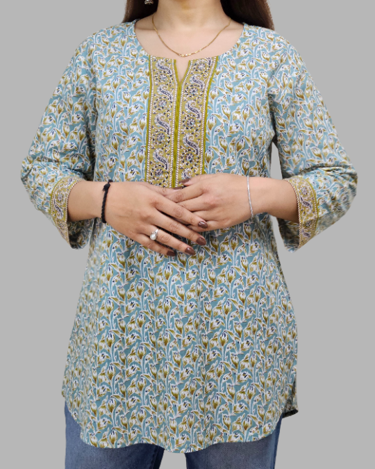 Pale Green Katha Handwork Kurti for women