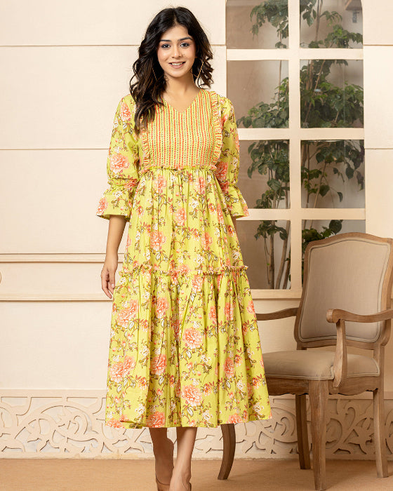 Parrot Green Floral Print Tiered Dress With Ruffles