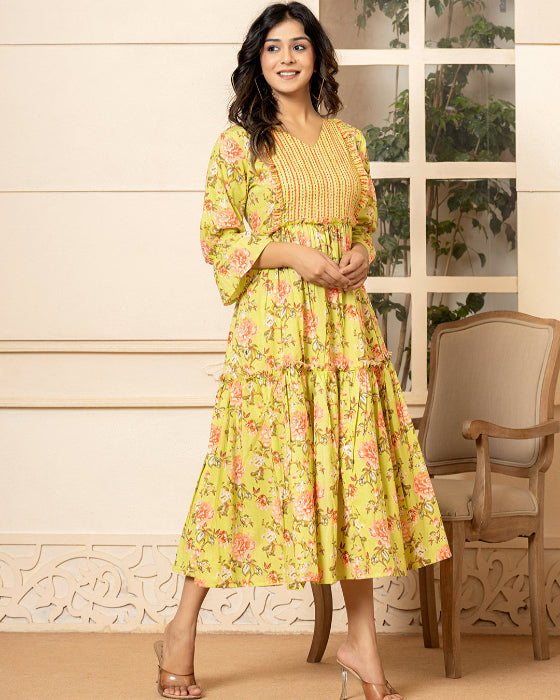 Parrot Green Floral Print Tiered Dress With Ruffles