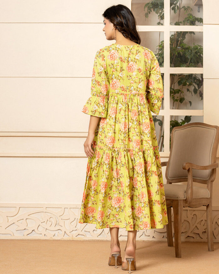 Parrot Green Floral Print Tiered Dress With Ruffles
