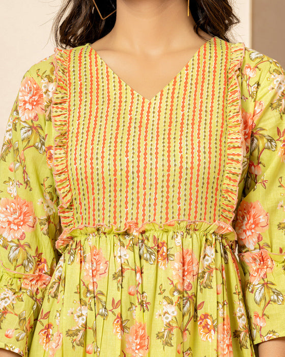 Parrot Green Floral Print Tiered Dress With Ruffles