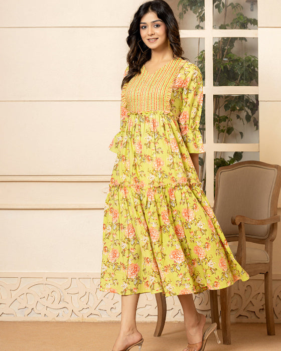 Parrot Green Floral Print Tiered Dress With Ruffles