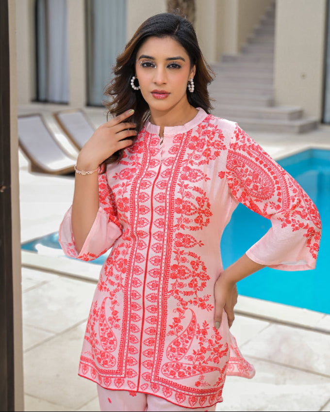 Peach Floral Print digital embroidered cord set for women