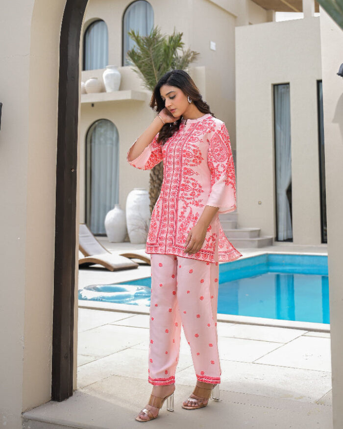 Peach Floral Print digital embroidered cord set for women