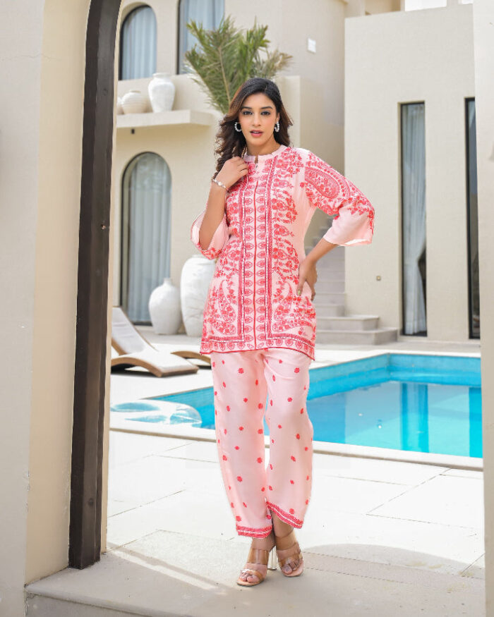 Peach Floral Print digital embroidered cord set for women