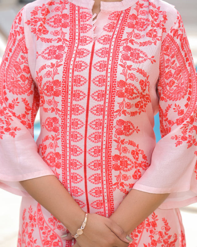 Peach Floral Print digital embroidered cord set for women