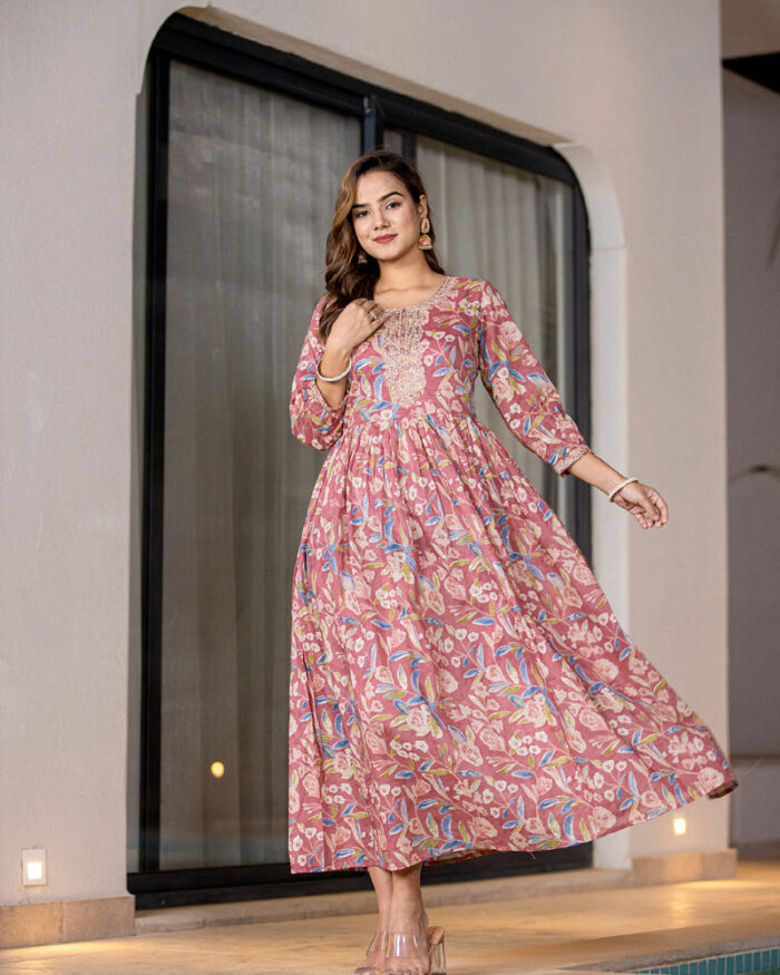 Pink Cotton Silk Resham Embroidery Flare Dress