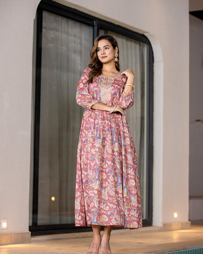 Pink Cotton Silk Resham Embroidery Flare Dress