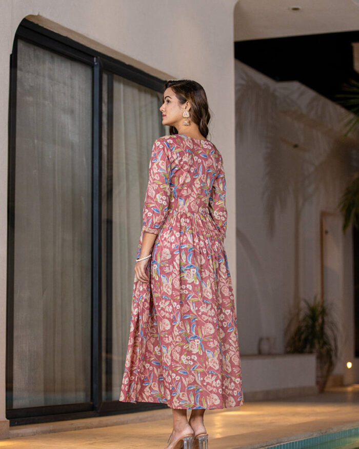 Pink Cotton Silk Resham Embroidery Flare Dress