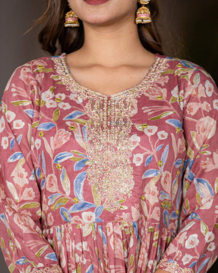 Pink Cotton Silk Resham Embroidery Flare Dress