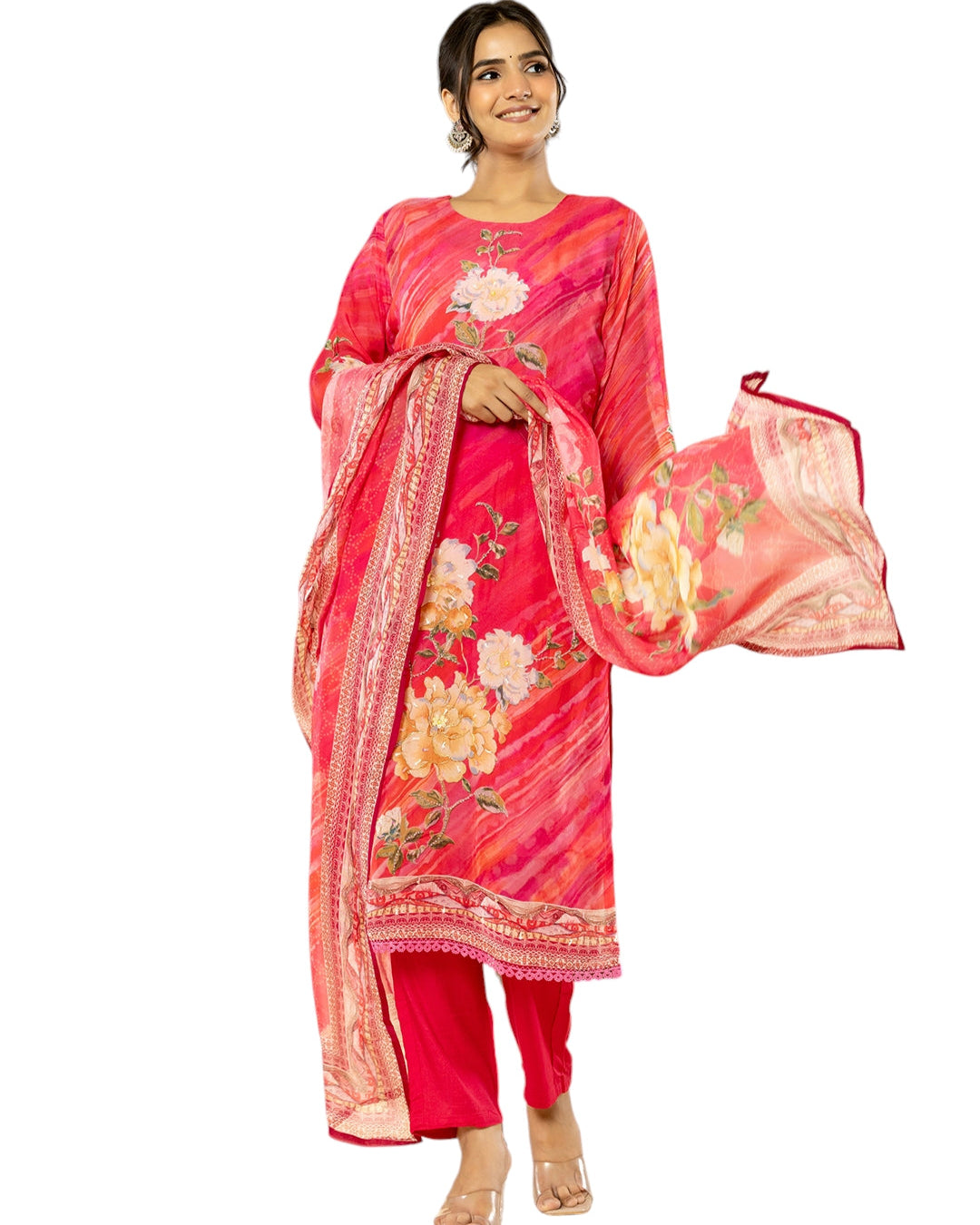 Pink Digital Print 3 Pcs Suit With Handwork
