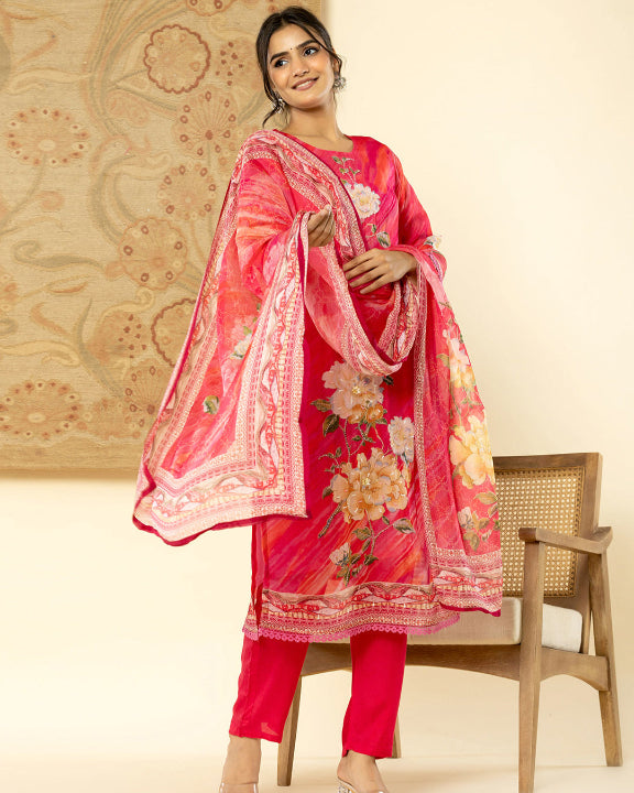 Pink Digital Print 3 Pcs Suit With Handwork