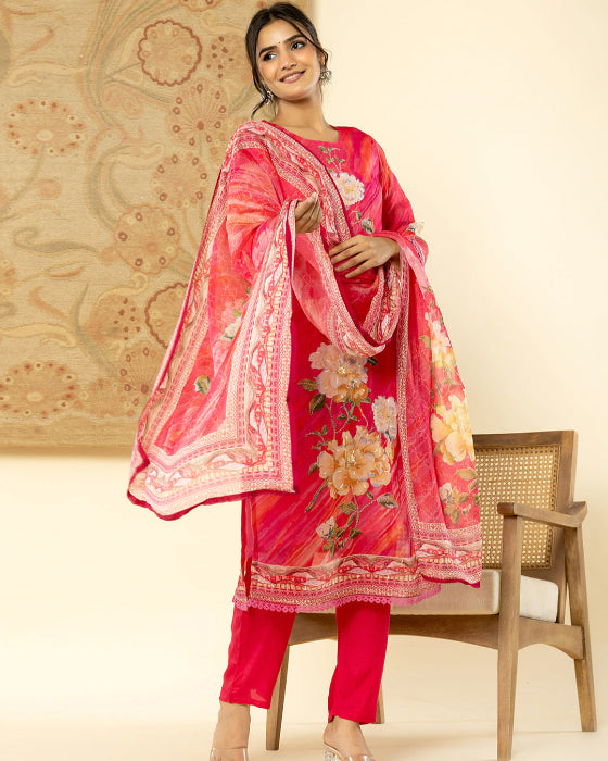 Pink Digital Print 3 Pcs Suit With Handwork