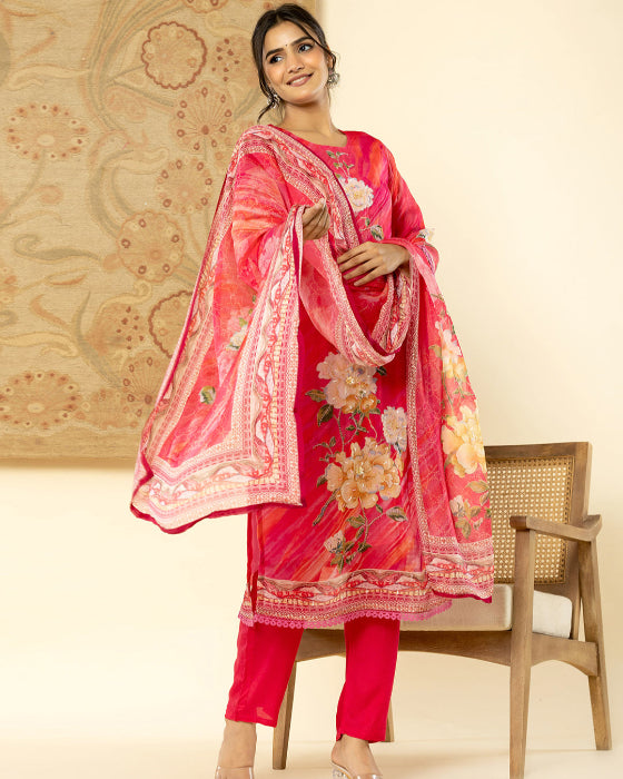 Pink Digital Print 3 Pcs Suit With Handwork