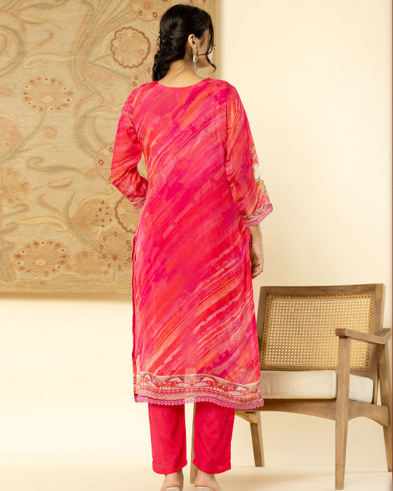 Pink Digital Print 3 Pcs Suit With Handwork