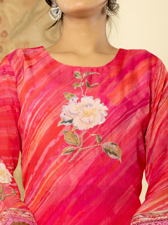 Pink Digital Print 3 Pcs Suit With Handwork