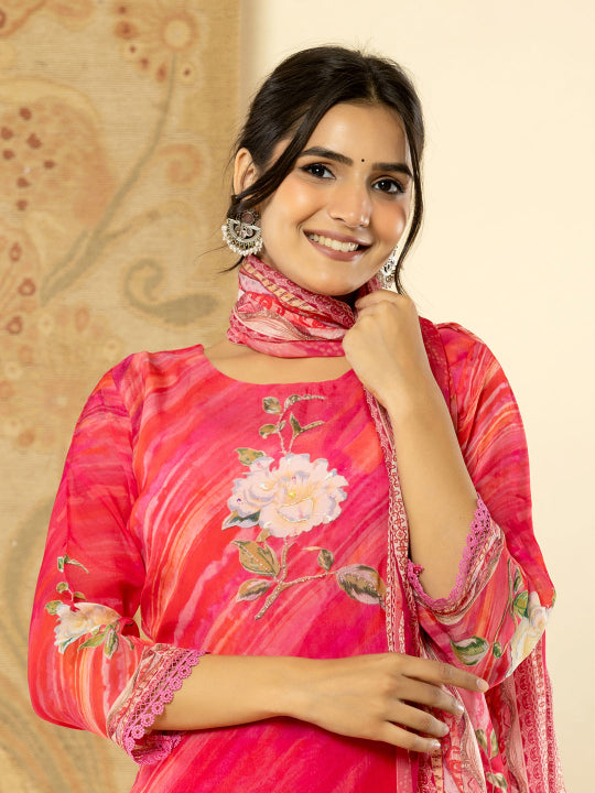 Pink Digital Print 3 Pcs Suit With Handwork