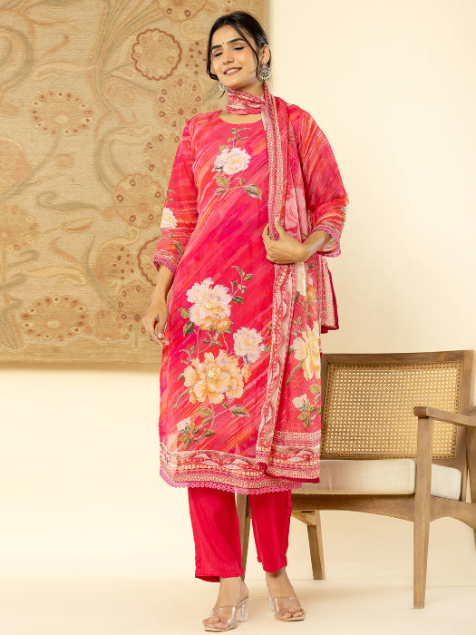 Pink Digital Print 3 Pcs Suit With Handwork